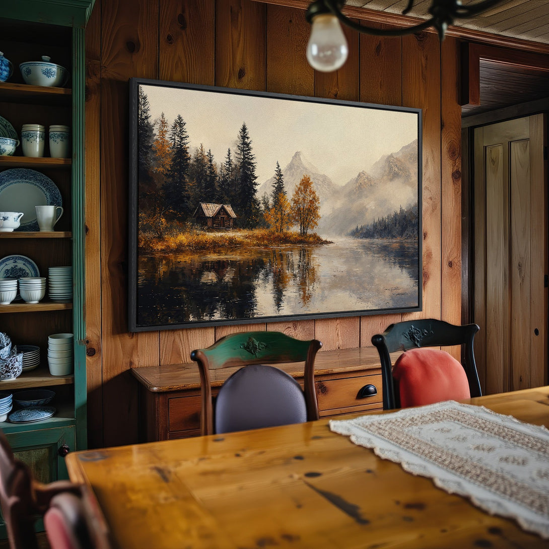 Framed Wall Art: Landscape Canvas Print. Cabin by a lake with mountains, warm autumn colors. Rustic decor for your home.