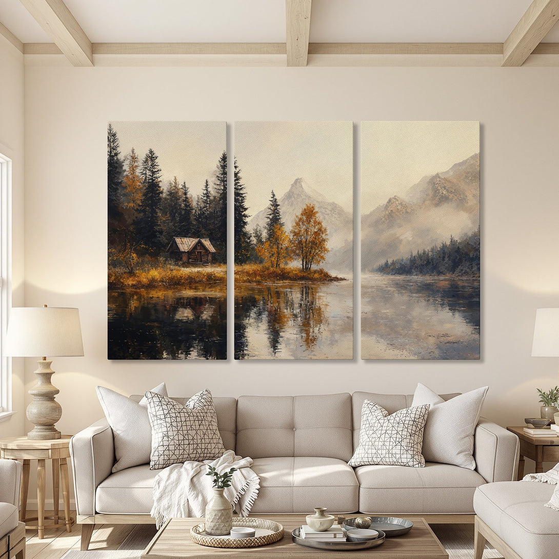Canvas Print of a serene landscape painting. Features a lake, mountains, and trees in a warm, neutral color palette. Perfect for home decor.