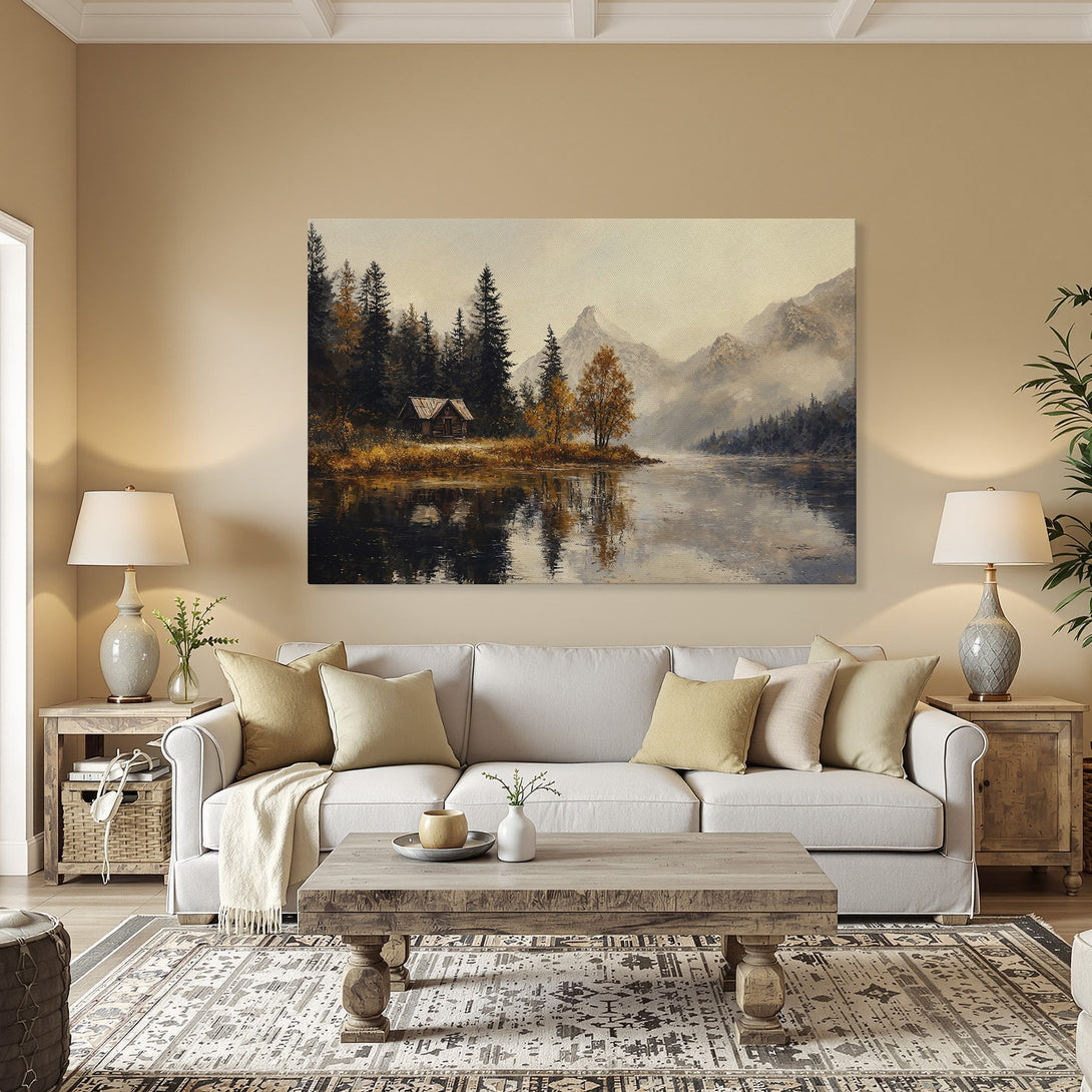 Framed Wall Art: Serene landscape Canvas Print with a cabin by a lake. Earthy tones and a tranquil, painterly style. Perfect for any room!