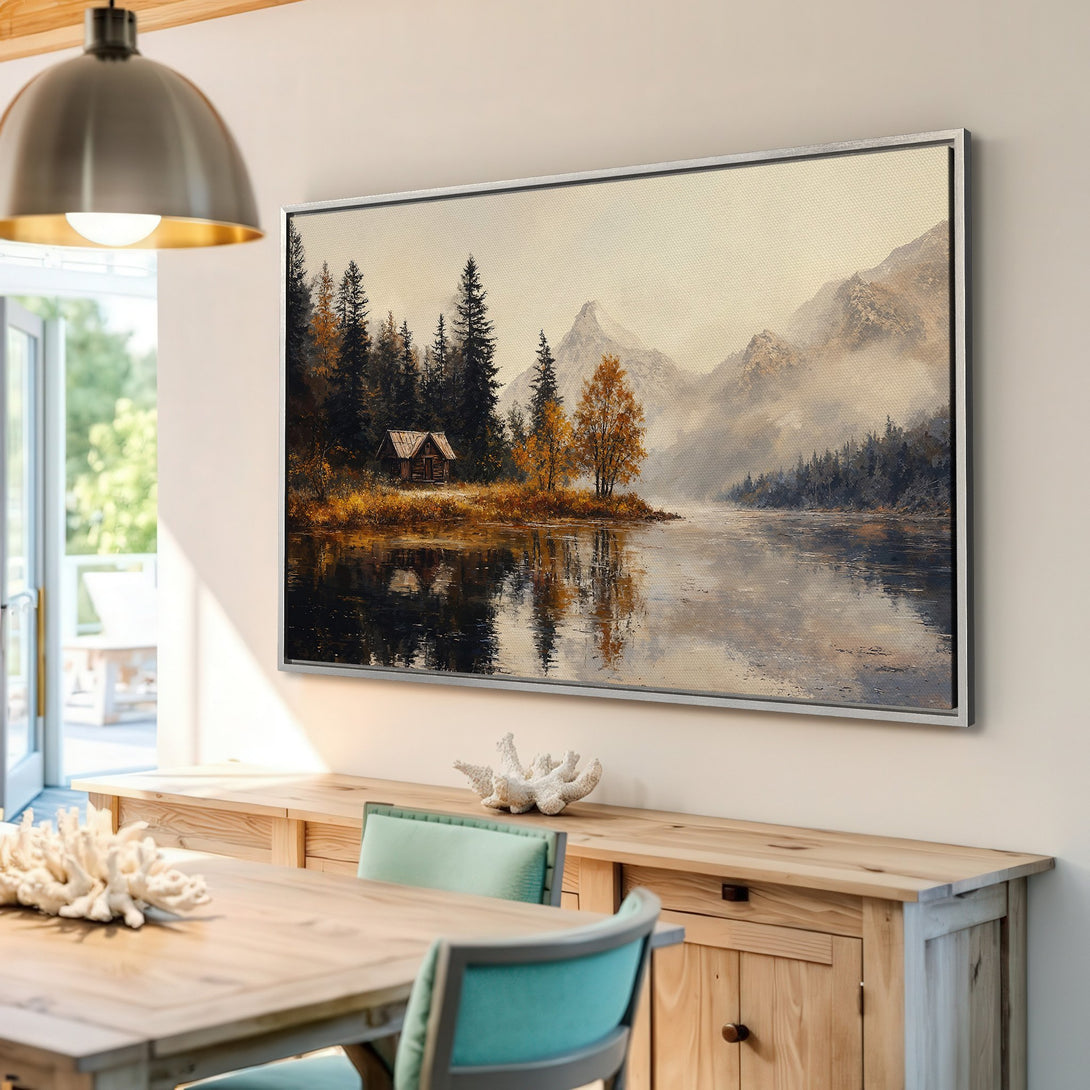 Framed Wall Art: Scenic lake landscape Canvas Print in warm autumn tones. Rustic style with a neutral color palette, perfect for home decor.