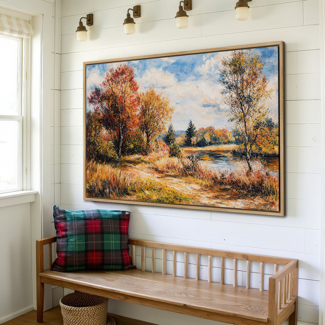 Framed Wall Art: Autumn landscape painting with warm yellows, reds, and blues. Rustic style Canvas Print adds cozy charm to any interior.