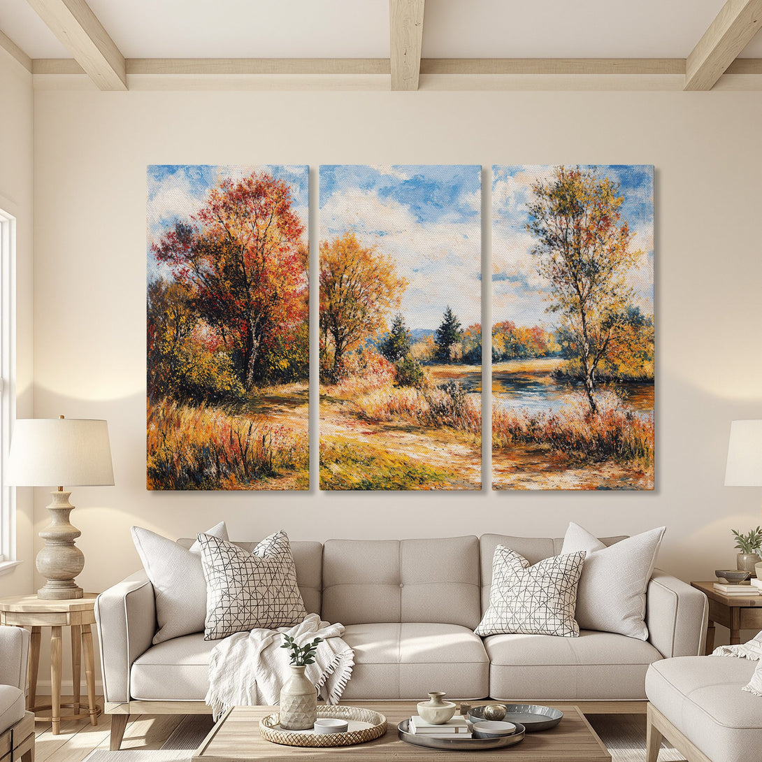 Canvas Print of a vibrant autumn landscape painting in warm yellows, oranges, and blues. Adds cozy, artistic style to any interior.