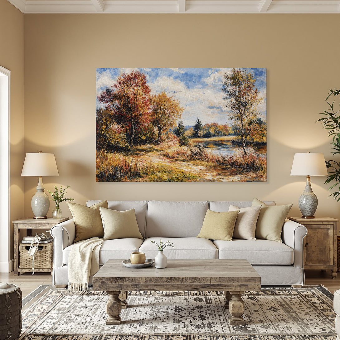 Framed Wall Art: Autumn landscape Canvas Print with warm, vibrant colors. Perfect for adding a touch of nature and elegance to your home decor.