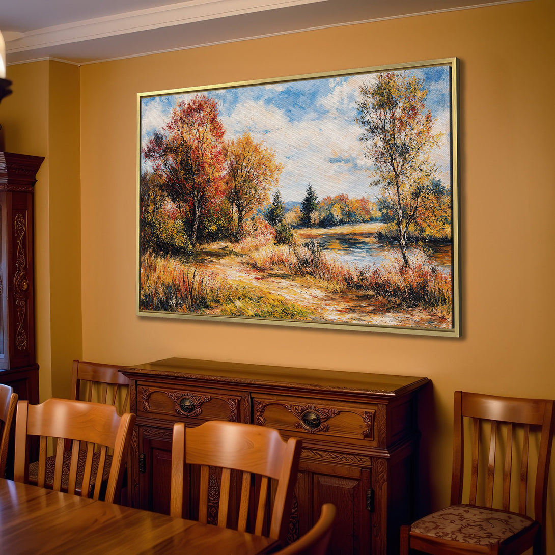 Canvas Print of a serene landscape painting in warm autumn colors, displayed in a cozy living room setting.