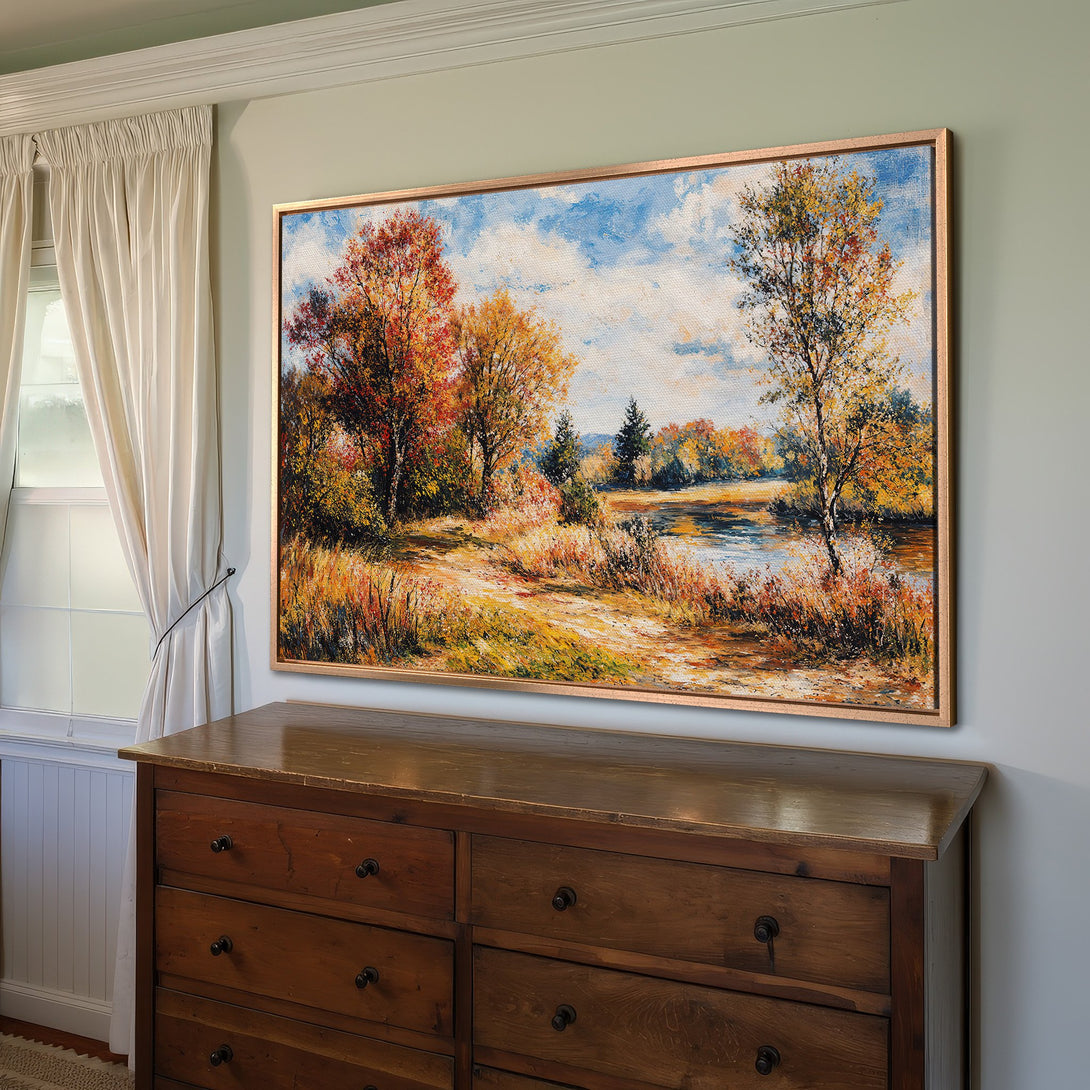 Framed Wall Art: Autumn landscape canvas print with warm, earthy tones. Perfect for adding rustic charm to your home decor.