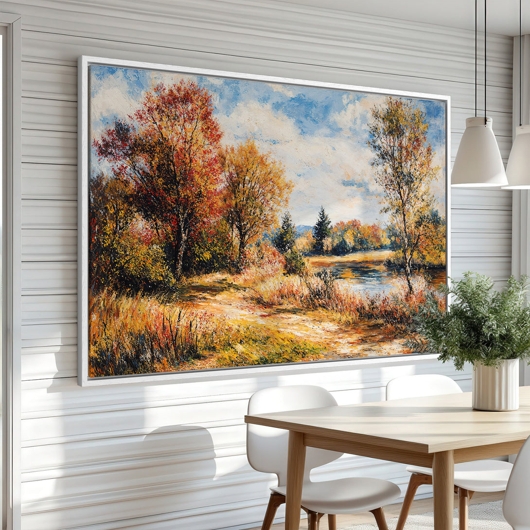 Framed Wall Art: Autumn landscape canvas print with vibrant warm colors. Perfect for adding a touch of nature and cozy style to your home decor.