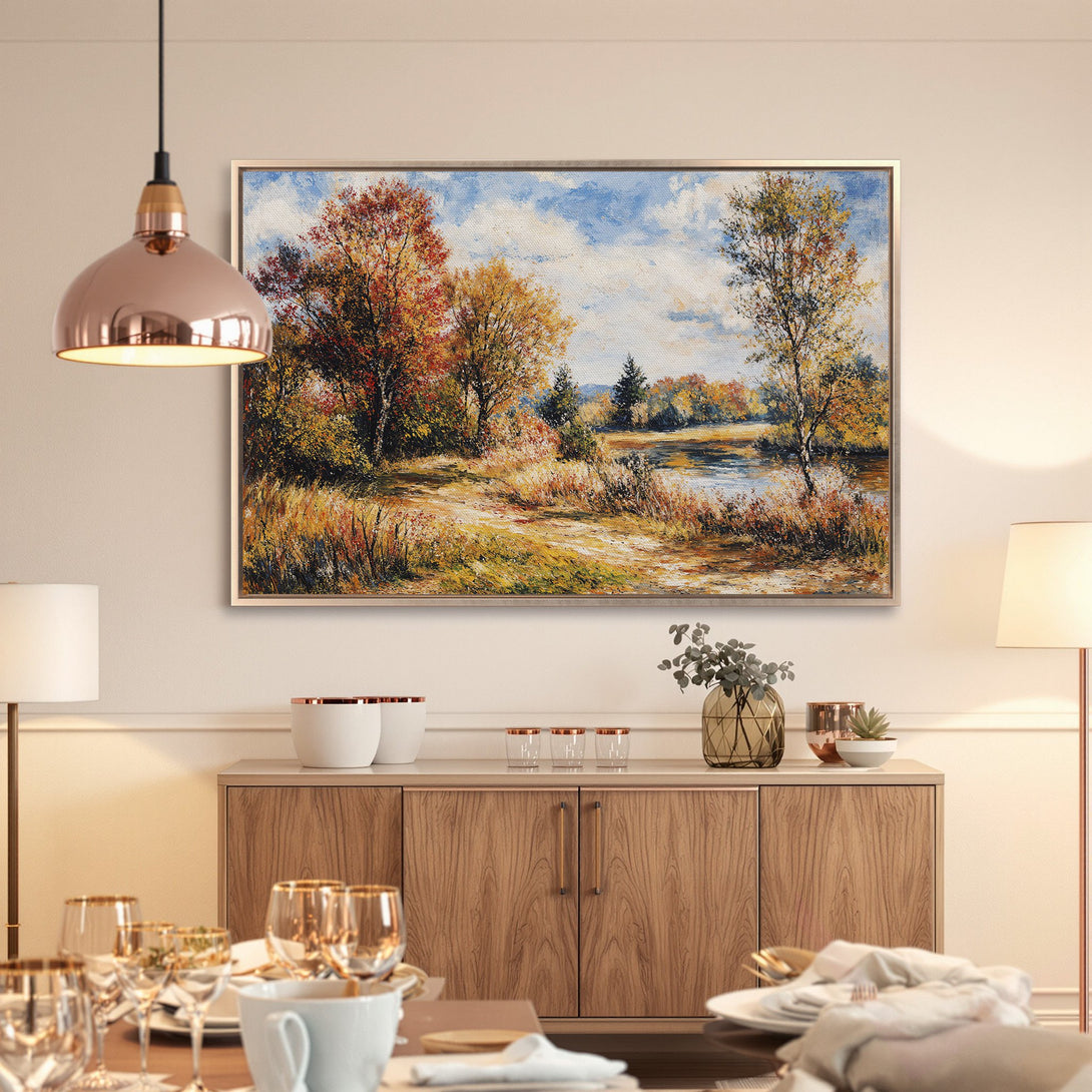 Framed Wall Art: Autumn landscape Canvas Print with warm, earthy tones. Bring nature's beauty indoors with this stunning, impressionistic artwork.