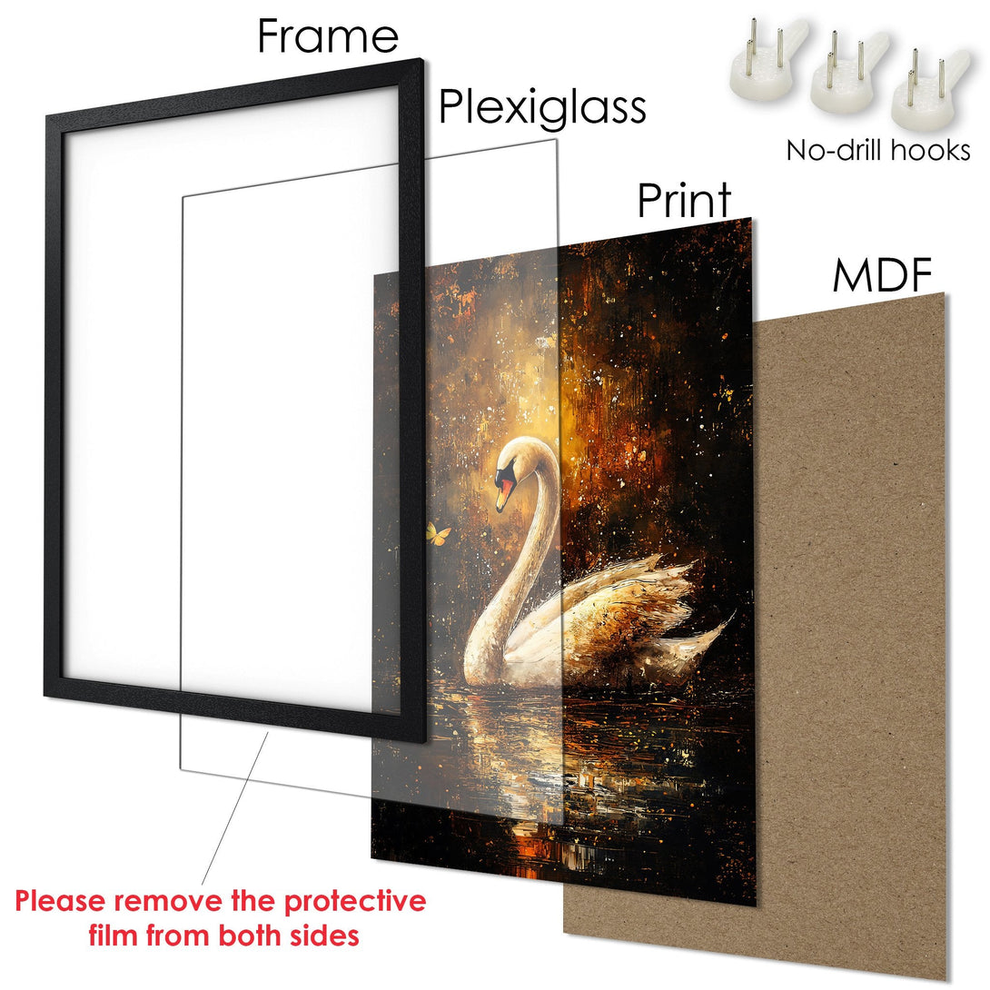 Framed Poster featuring a swan in an artistic style with a warm, golden color palette. Perfect wall art for any room!
