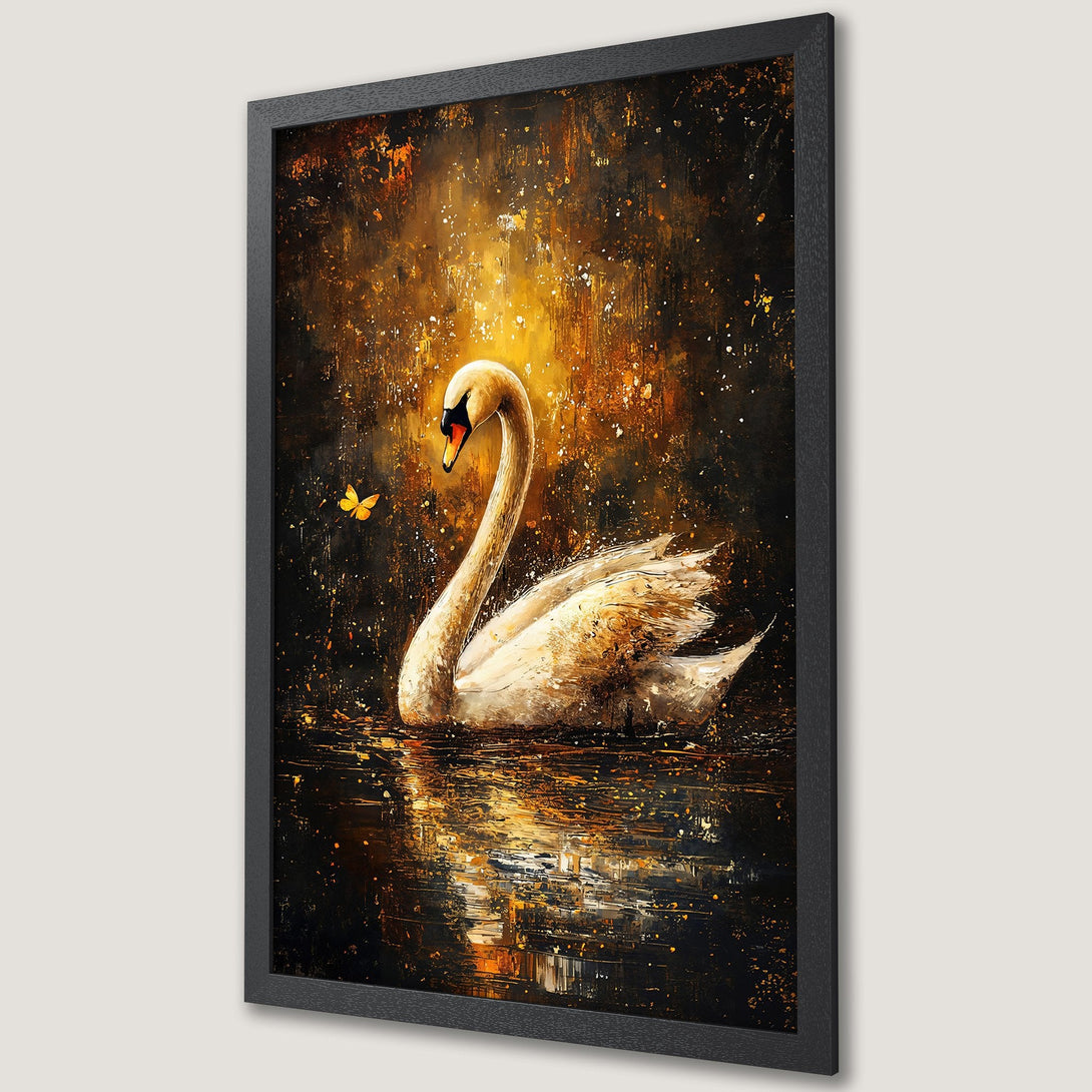 Framed Poster of a swan in a painterly style, warm gold and black color palette. Elegant wall art for your home.