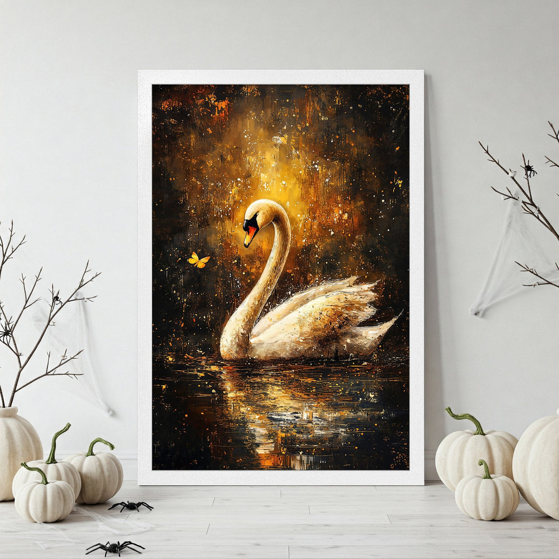 Framed Poster featuring a swan in an abstract style with a warm, golden color palette. Perfect wall art for any room.