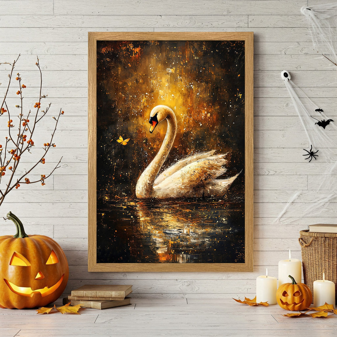 Framed Poster: Swan painting, impressionistic style, gold & black color palette. Perfect wall art for your home decor.
