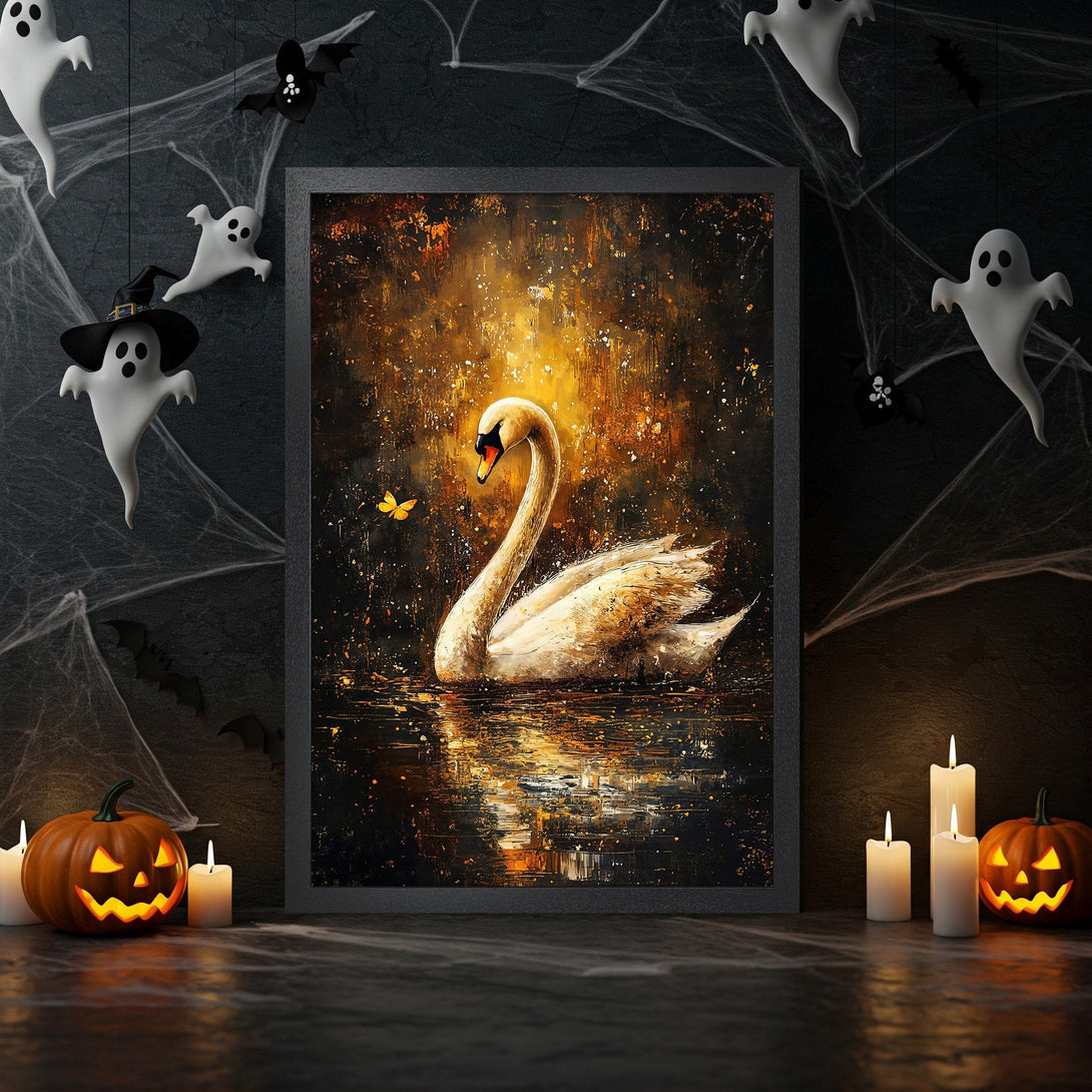 Framed Poster featuring a swan in a golden, impressionistic style, perfect for Halloween decor. Warm gold and black color palette.