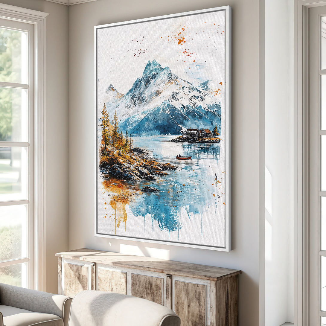 Framed Wall Art: Watercolor mountain landscape in blue, orange, and white hues. Adds a serene touch to any interior. Perfect for home decor.