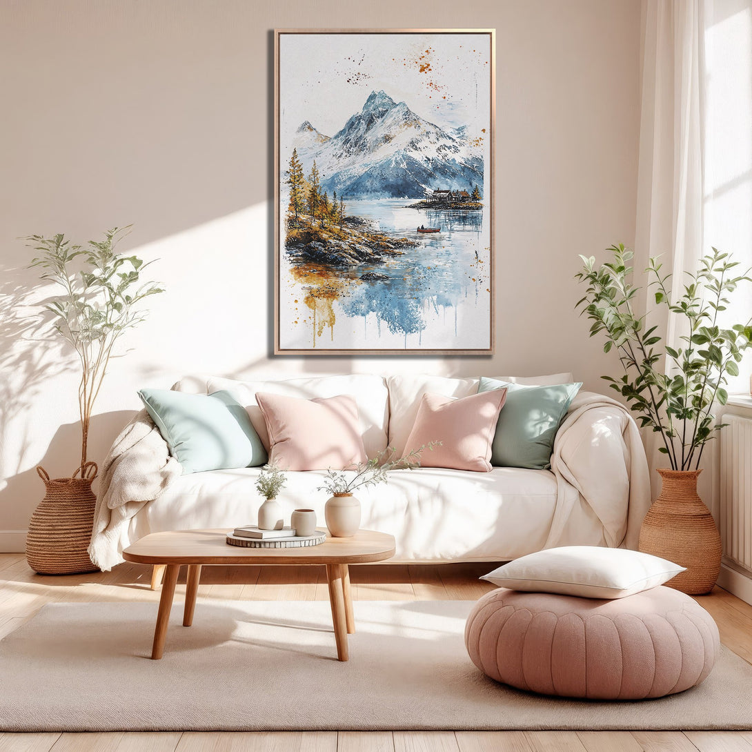 Framed Wall Art: Watercolor mountain landscape in a modern living room. Featuring blues, oranges, and whites, perfect for adding a touch of nature.