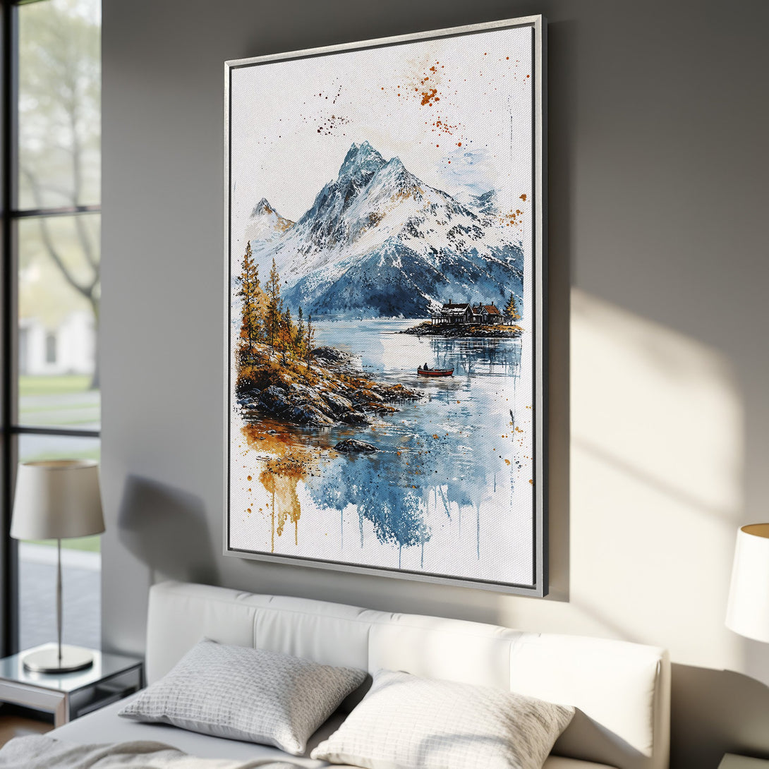 Framed Wall Art Canvas Print of a mountain lake watercolor painting. Blue, orange, and white color palette. Perfect for home decor.