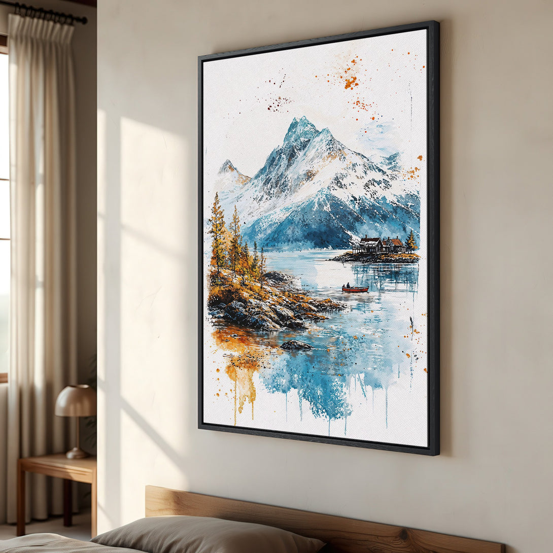 Framed Wall Art: Watercolor mountain landscape Canvas Print with blue, orange, and white tones. Perfect for adding a touch of nature to your home decor.