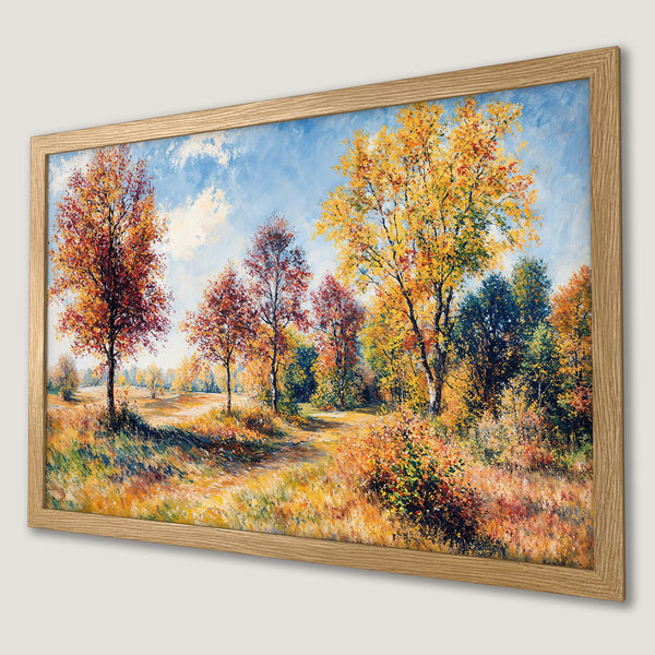 Framed Poster of an autumn landscape painting with trees in warm tones. Perfect wall art for your home.