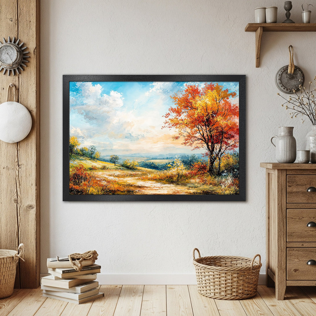 Framed Poster of autumn landscape painting. Warm orange, yellow, and blue color palette. Perfect wall art for your home.