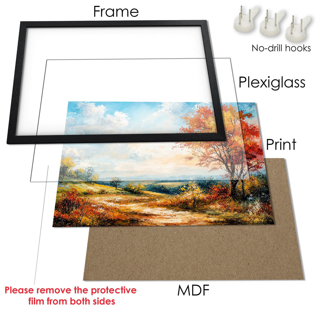 Framed Poster of a vibrant autumn landscape painting. Warm, earthy tones with touches of blue sky. Perfect wall art!