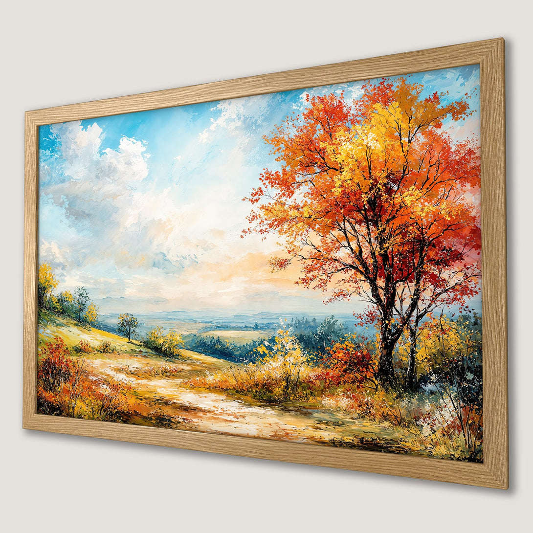 Framed Poster: Autumn landscape art print with vibrant orange and yellow tree, blue sky, and warm color palette.