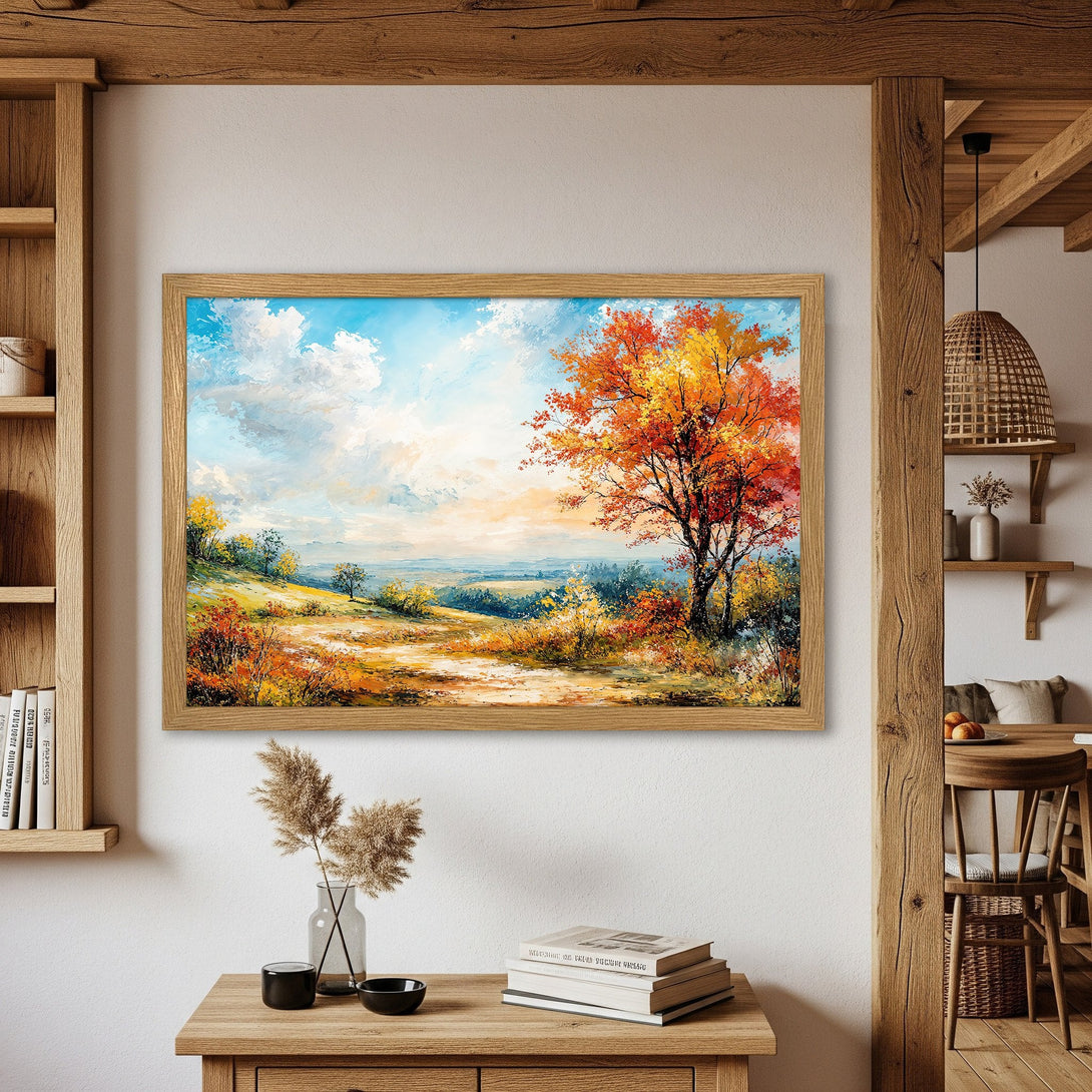 Framed Poster of a vibrant landscape painting. Features a warm color palette of orange, yellow, and blue. Perfect wall art for any space.