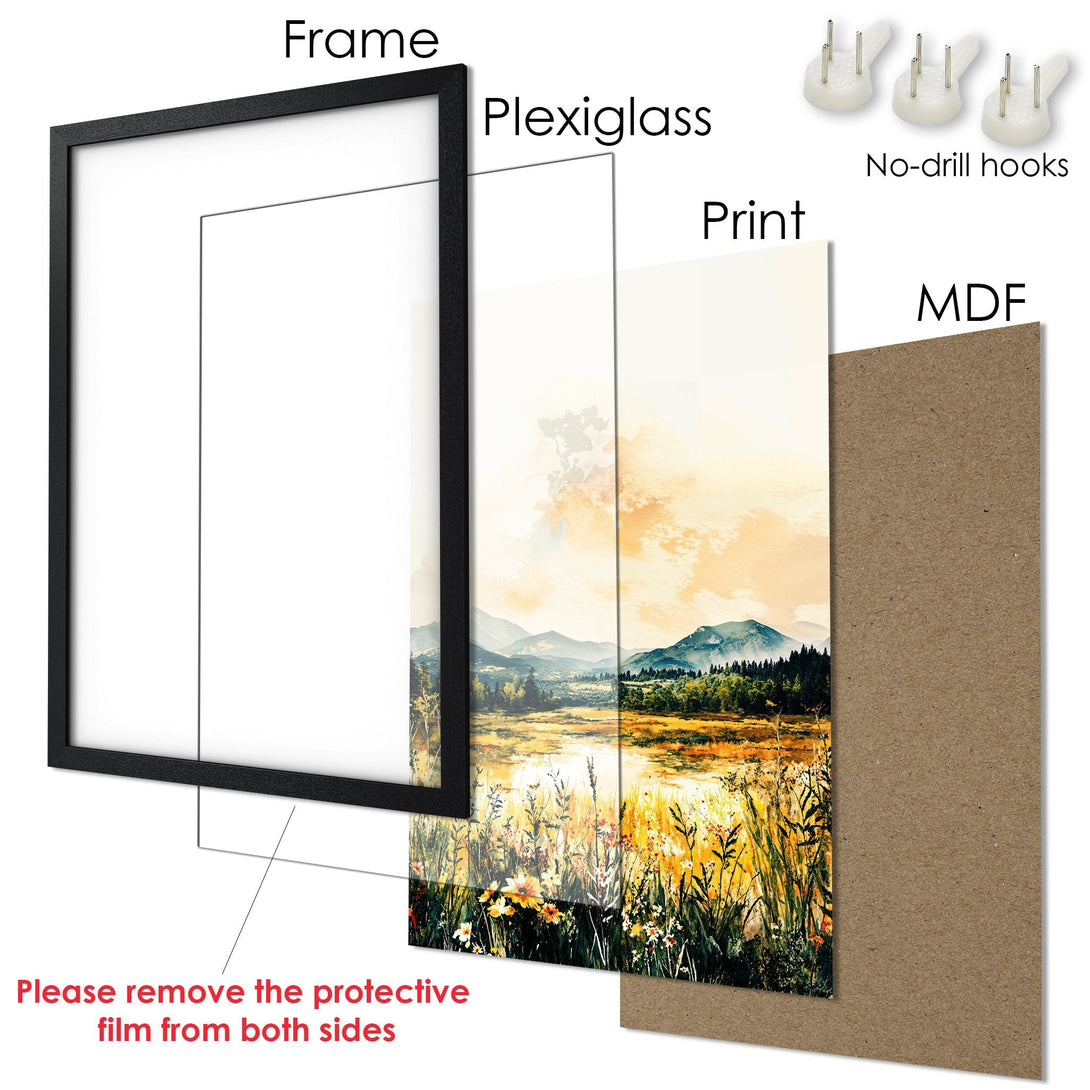 Framed Poster of a serene landscape in warm tones. Features a black frame, ready to hang. Perfect wall art!