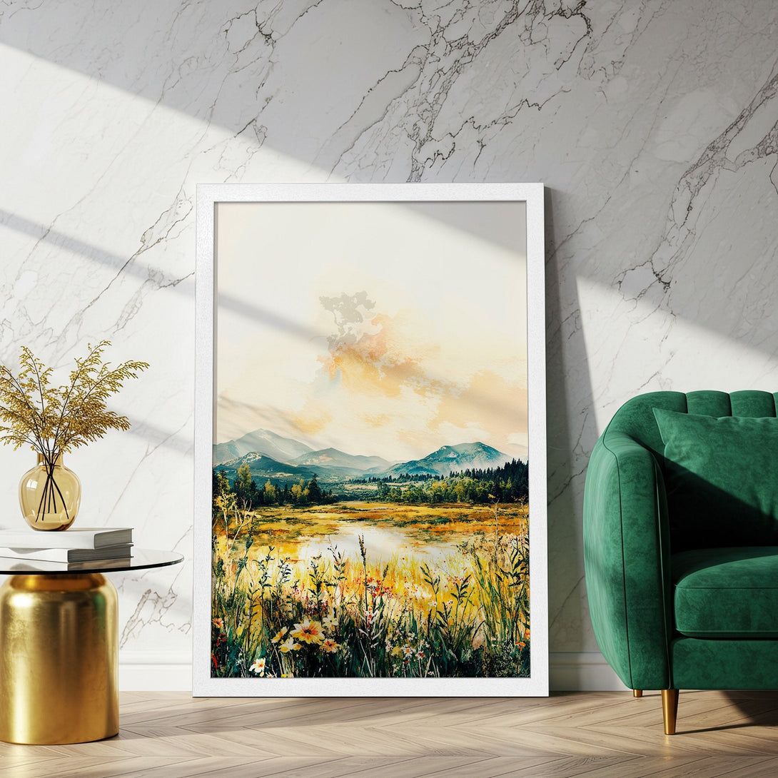 Framed Poster featuring a serene landscape painting in watercolor style with a warm, earthy color palette. Perfect wall art!