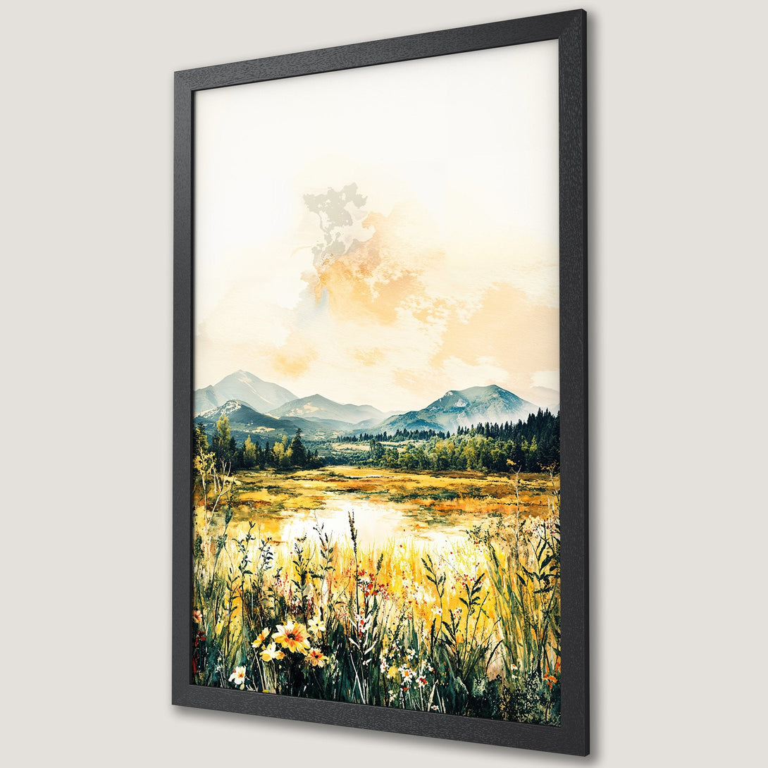 Framed Poster of a watercolor landscape with mountains, lake, and wildflowers. Warm yellow and green color palette. Perfect wall art.