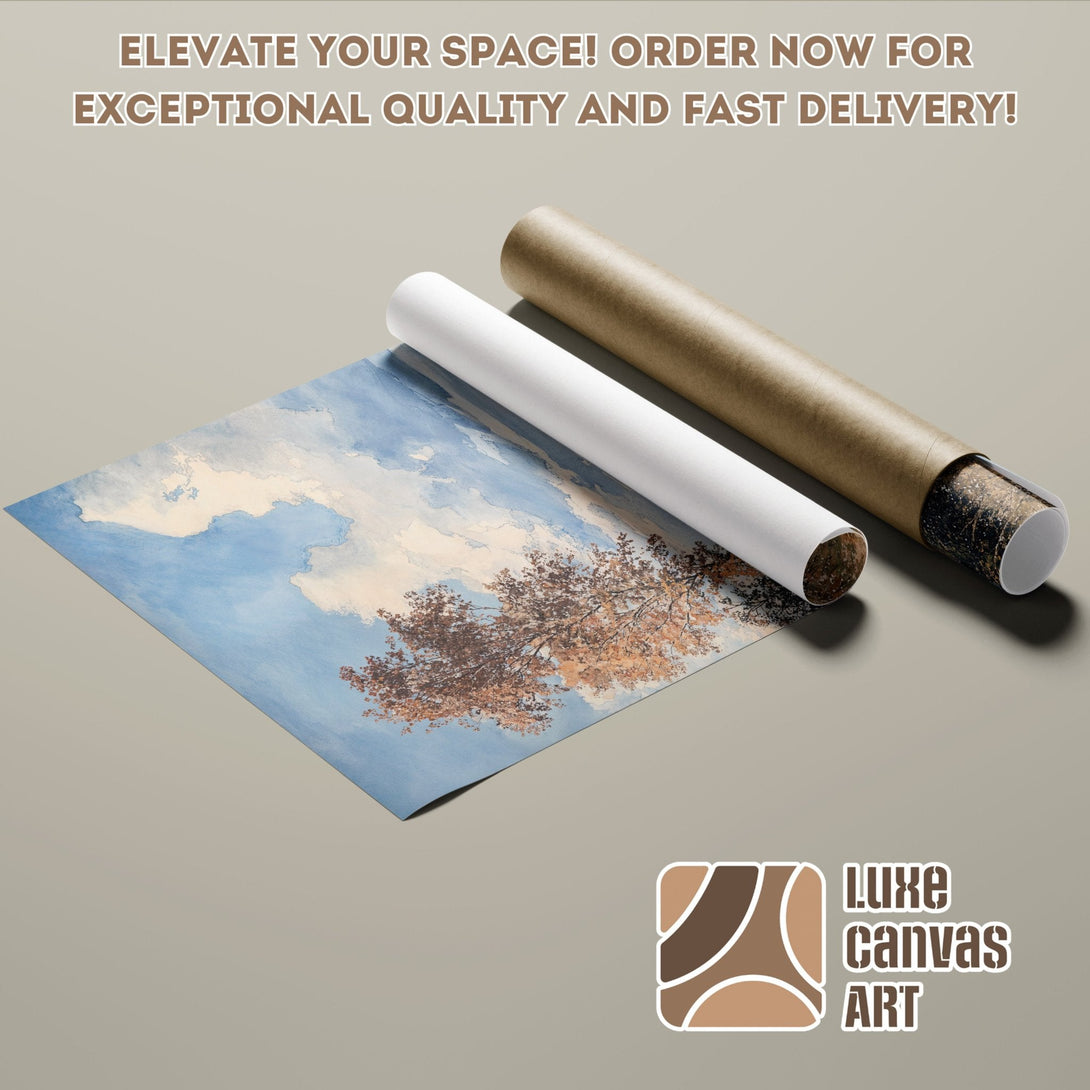 Poster Roll featuring a watercolor landscape with a blue sky and tree, warm color palette.