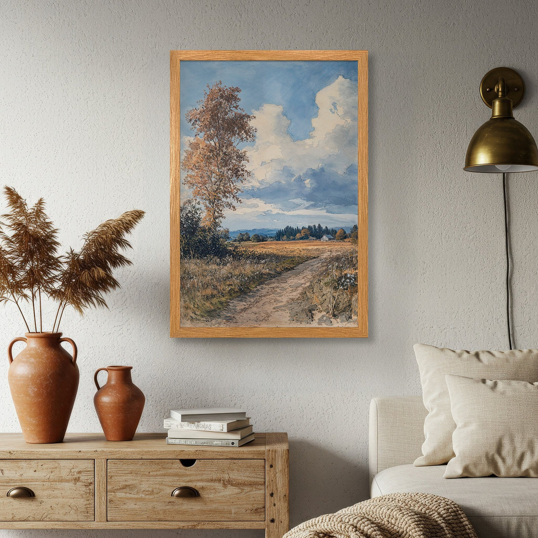 Framed Poster featuring a watercolor landscape with a blue sky, earth tones, and a rustic style. Perfect wall art!