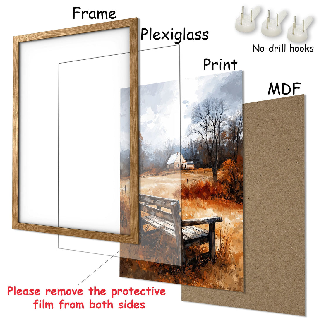 Framed Poster of a serene landscape with a bench, in a warm color palette & impressionistic style. Perfect wall art!