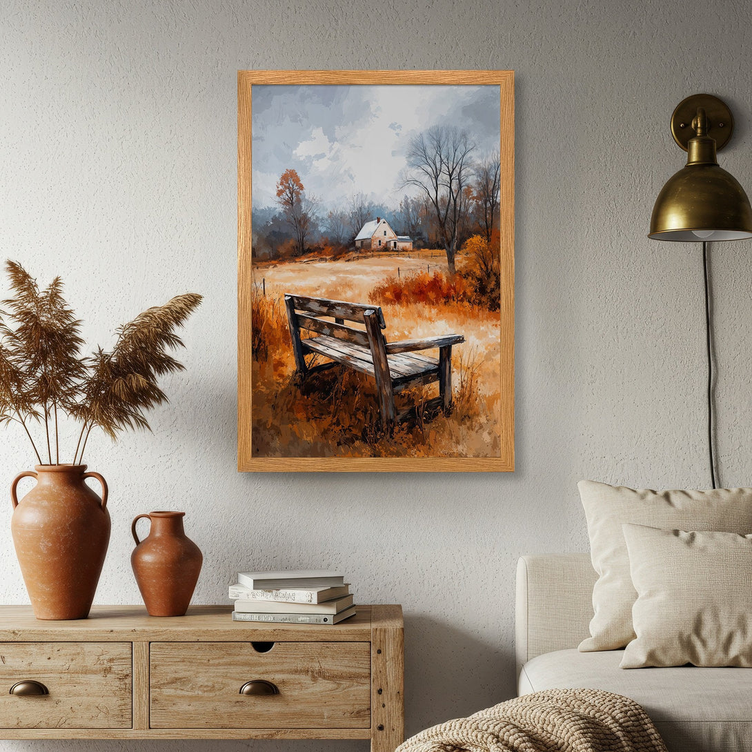 Framed Poster of a serene landscape with a bench, in a warm, autumnal color palette. Perfect wall art for any home!