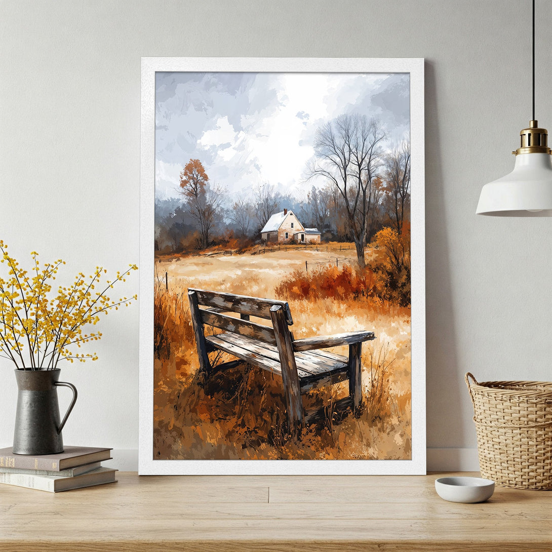 Framed Poster of a serene landscape with a bench. Artistic style, warm autumn color palette, perfect for home decor.