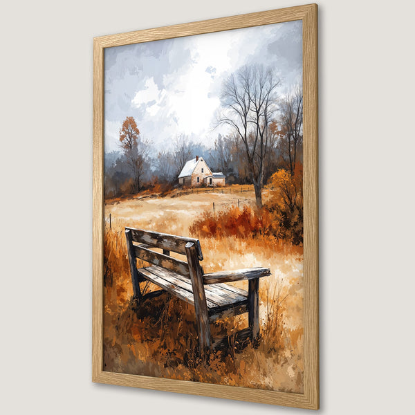 Framed Poster of a serene autumn landscape with a bench. Warm, earthy tones and impressionistic style create a cozy, inviting feel. Perfect wall art!