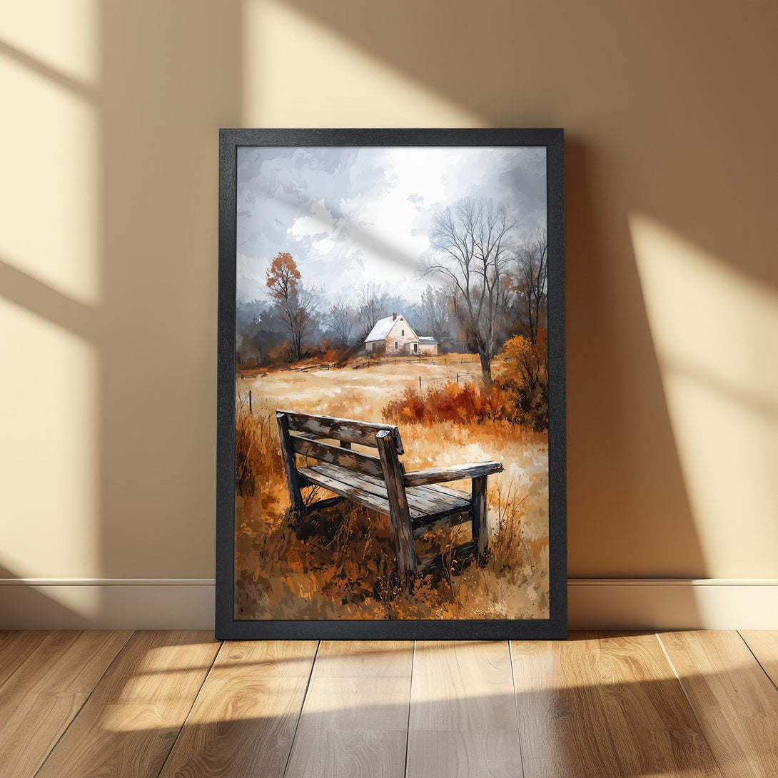 Framed Poster: Rustic landscape art print featuring a bench, house, and fall colors. Perfect for adding warmth to your home decor.