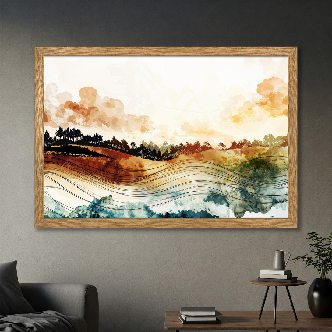 Framed Poster of watercolor landscape art in warm earth tones, perfect for adding a touch of nature to your home decor.