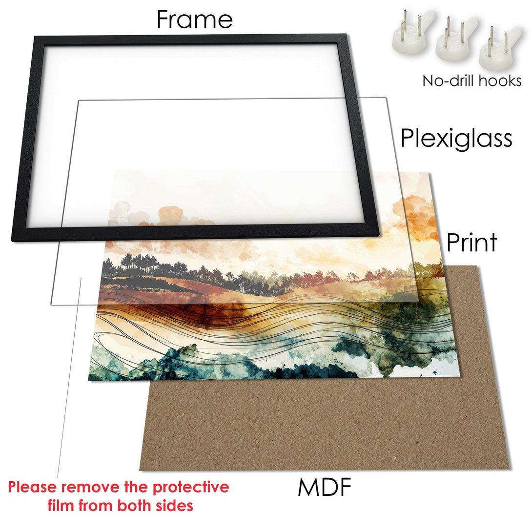 Framed Poster featuring a watercolor landscape art print. Earthy tones of brown, blue, and gold. Ready to hang wall art.