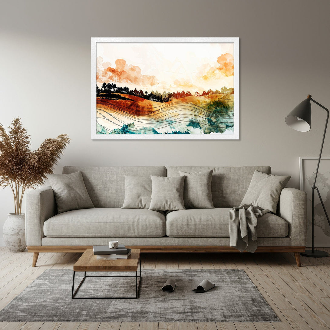 Framed Poster featuring an abstract landscape with warm orange and teal tones. Perfect wall art for a modern living room.