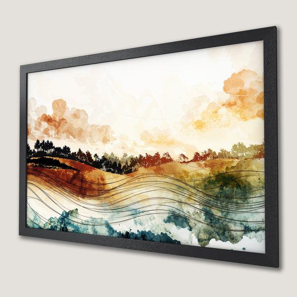 Framed Poster featuring watercolor landscape art with warm orange and green tones. Perfect wall decor!