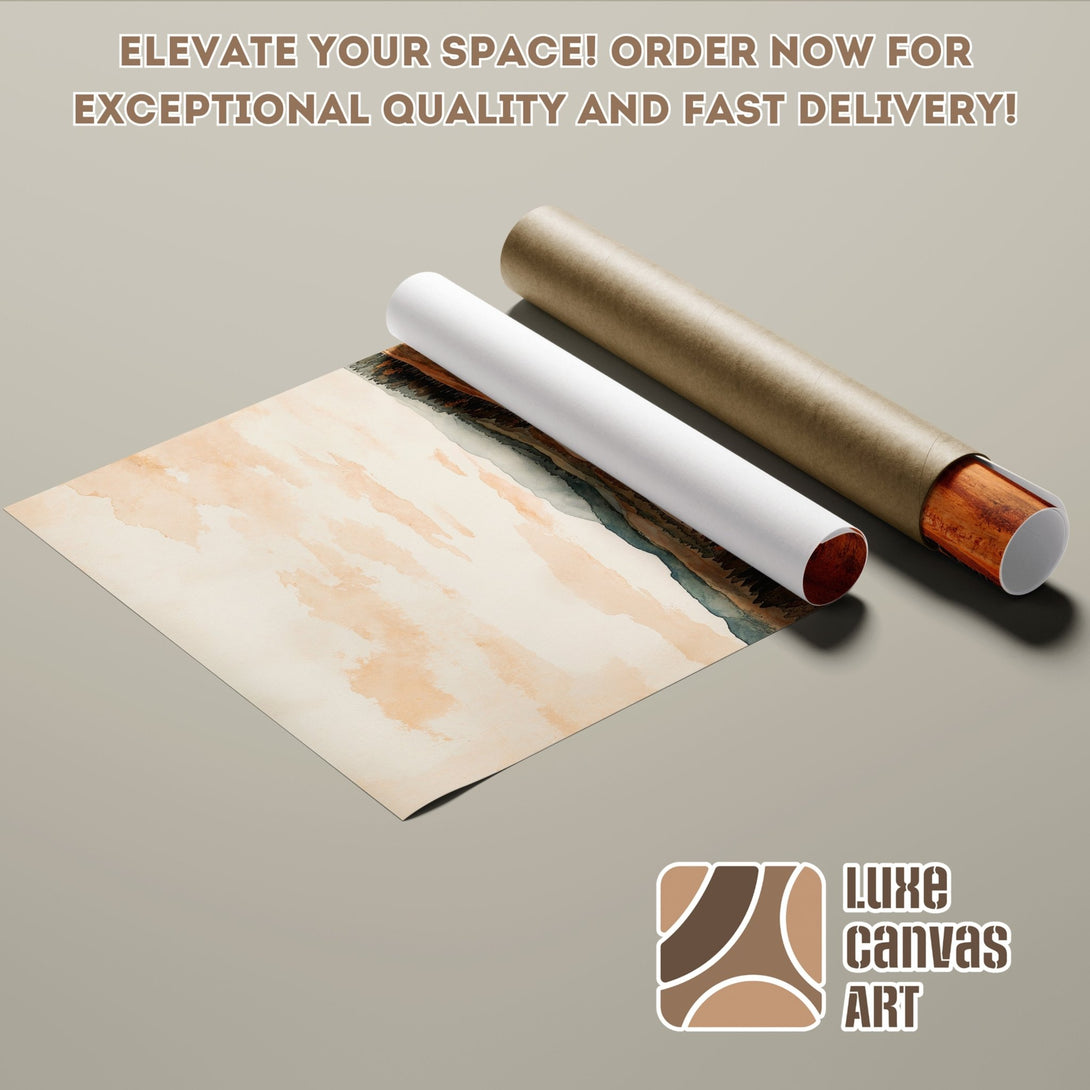 Poster Roll with watercolor landscape art in a neutral color palette. Elevate your space with Luxe Canvas Art!