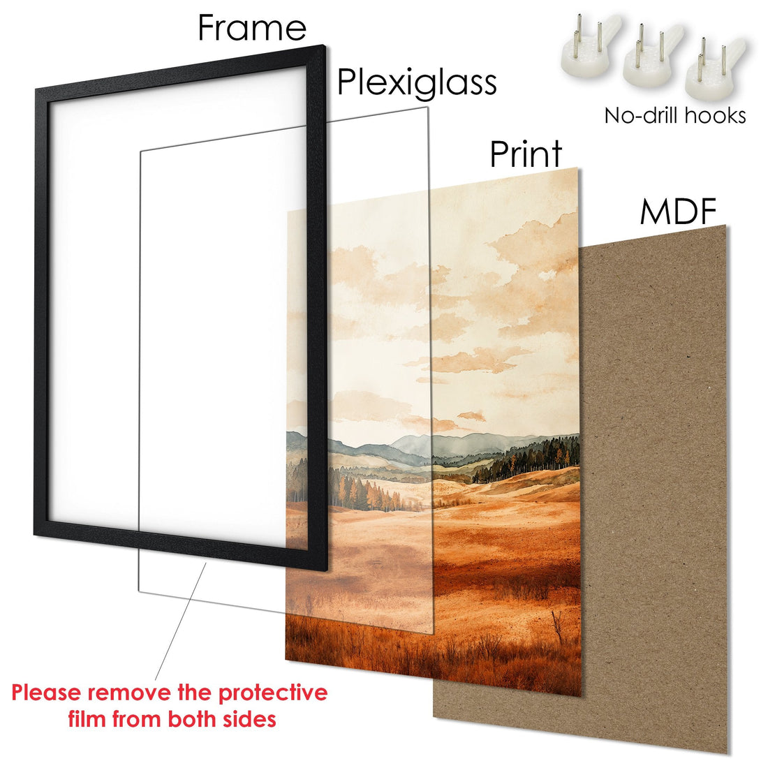 Framed Poster featuring a watercolor landscape in warm earth tones. Perfect wall art for your home!