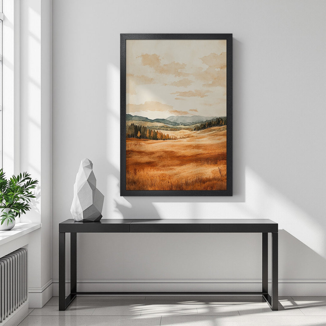 Framed Poster of a watercolor landscape in warm earth tones. Rustic style art print for home decor.