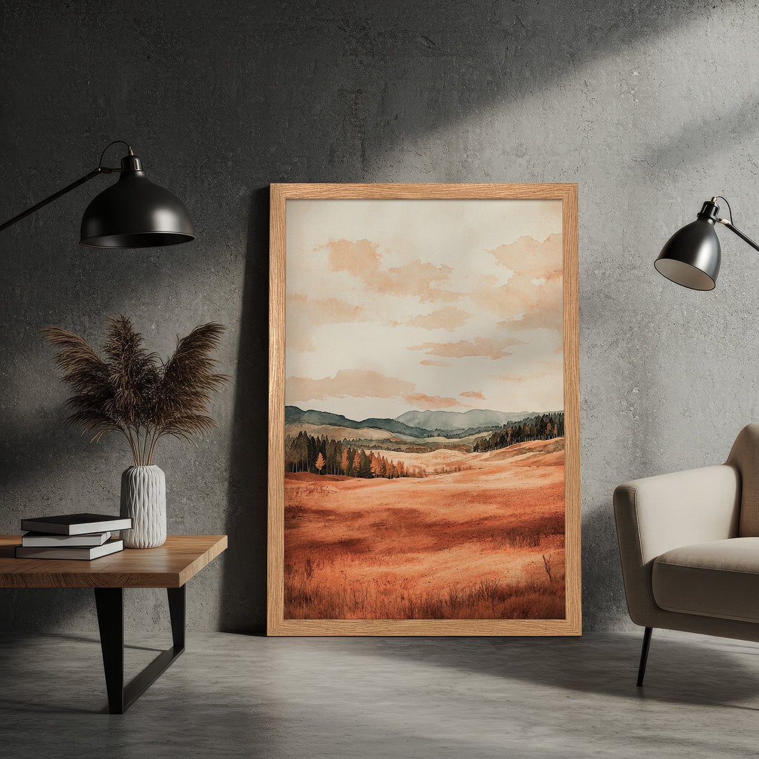 Framed Poster: Watercolor landscape art print with warm earth tones. Enhance your space with this beautiful wall art.