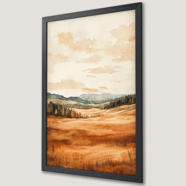 Framed Poster featuring a watercolor landscape with warm earth tones. Perfect wall art for a cozy, natural aesthetic.