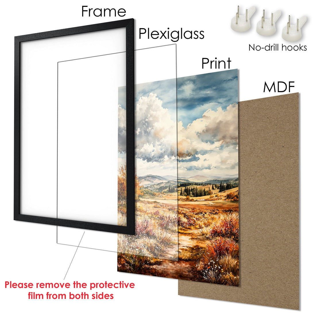 Framed Poster featuring a watercolor landscape with warm autumn colors. Perfect wall art for your home!
