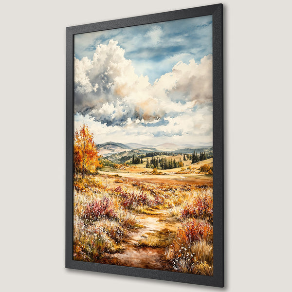 Framed Poster featuring a watercolor landscape of a field and cloudy sky. Warm color palette with autumn tones. Perfect wall art.