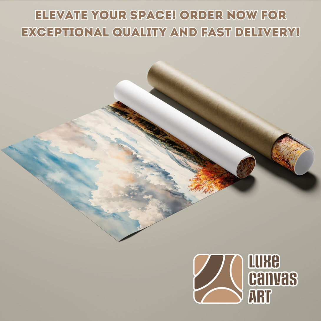 Poster Roll featuring a watercolor landscape with blue, orange, and neutral tones. Perfect art for your home!