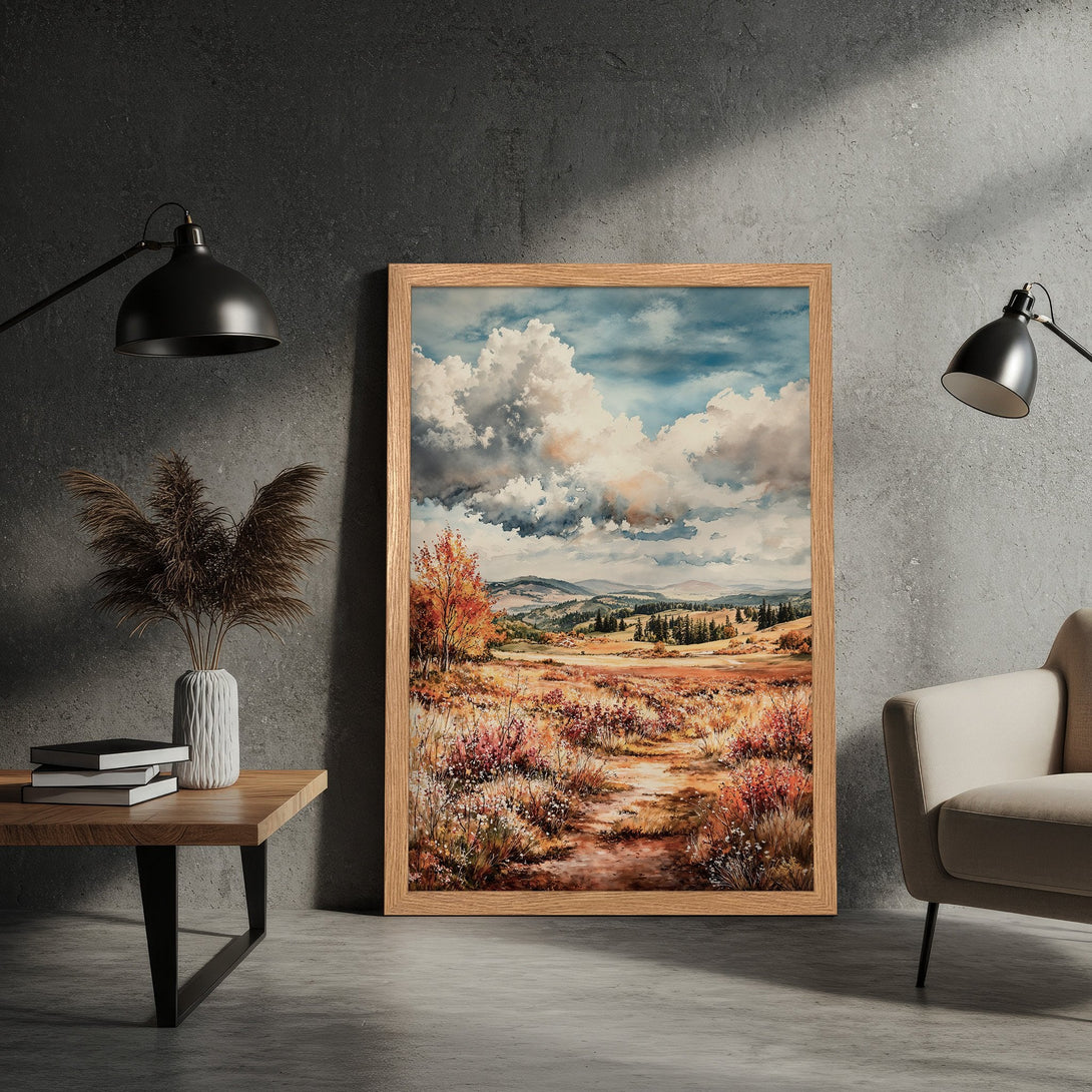 Framed Poster of a watercolor landscape painting with a warm color palette. Perfect wall art for any home!
