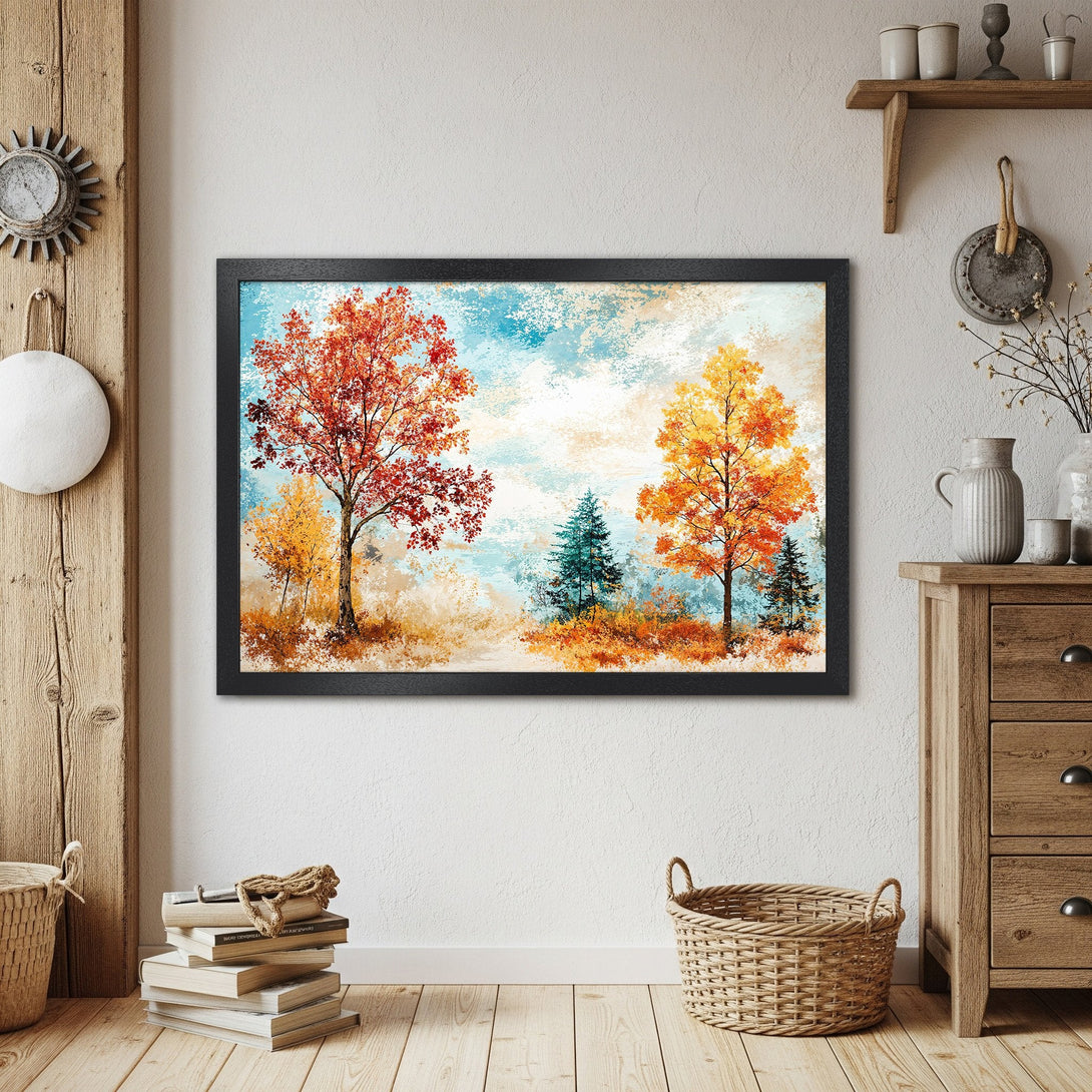 Framed Poster featuring an autumn landscape with trees in vibrant red, orange, and yellow hues. Artistic style with a warm color palette.