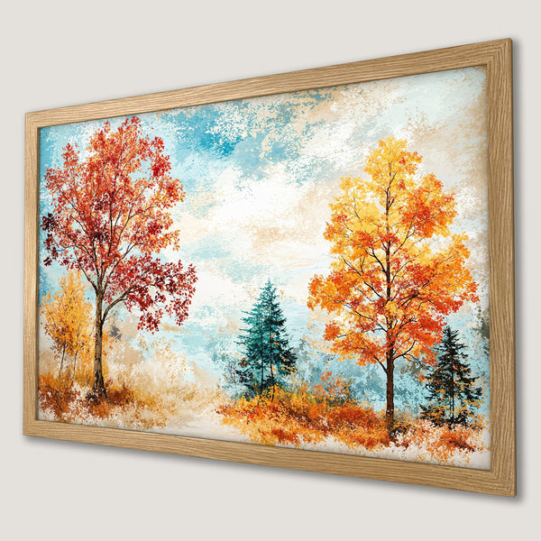 Framed Poster: Autumn landscape art print with trees in vibrant orange, yellow, and blue color palette. Perfect wall decor!